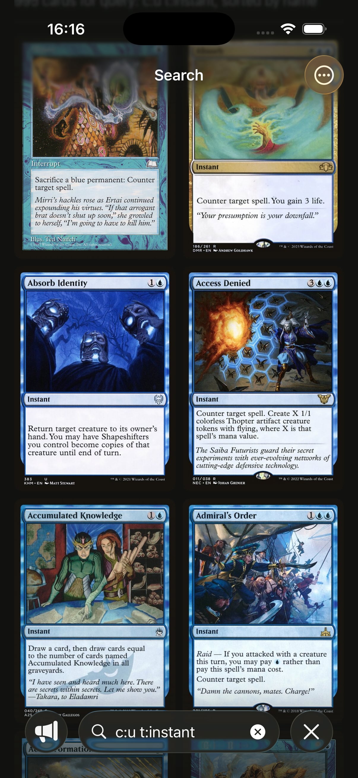 Scrollrack search screen showing Scryfall syntax query with card results