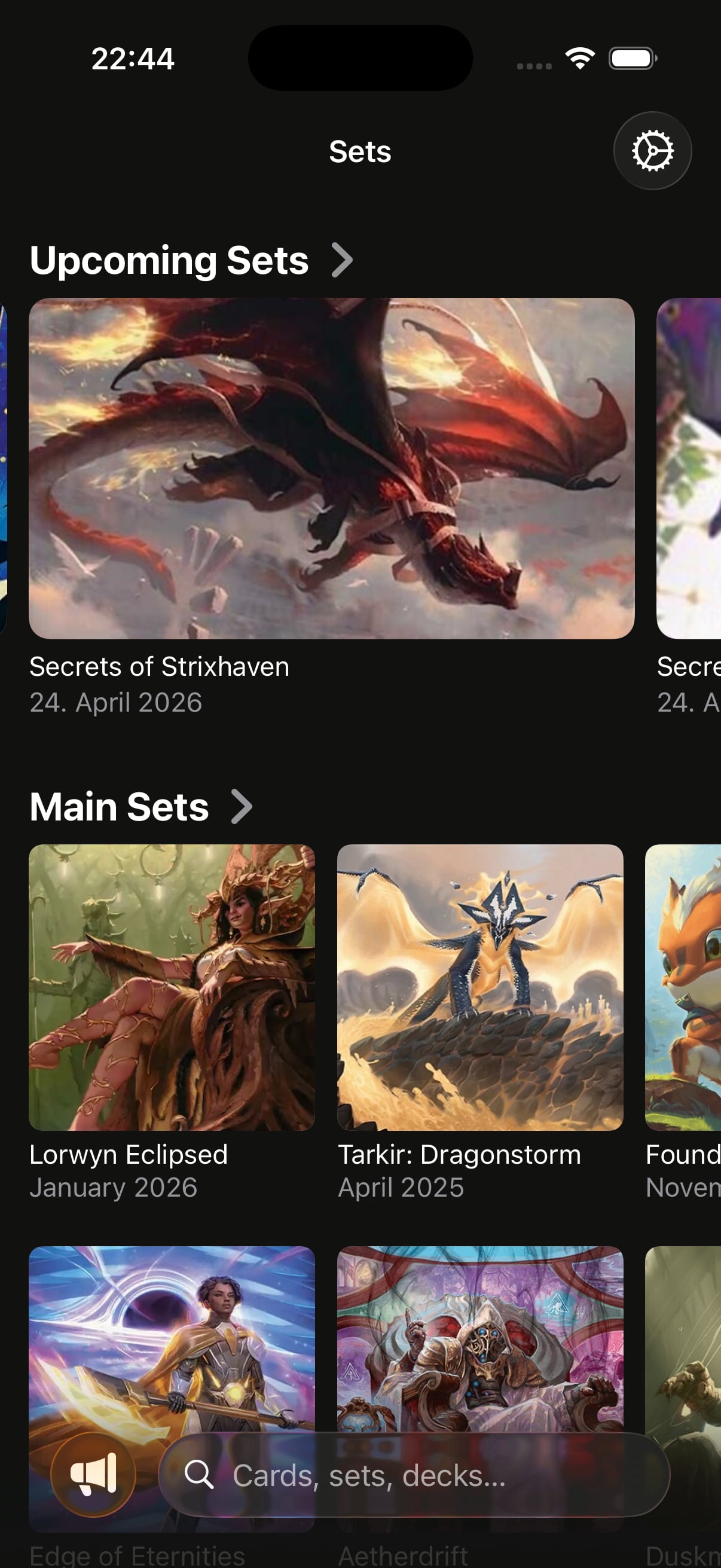 Scrollrack set overview showing upcoming and main sets