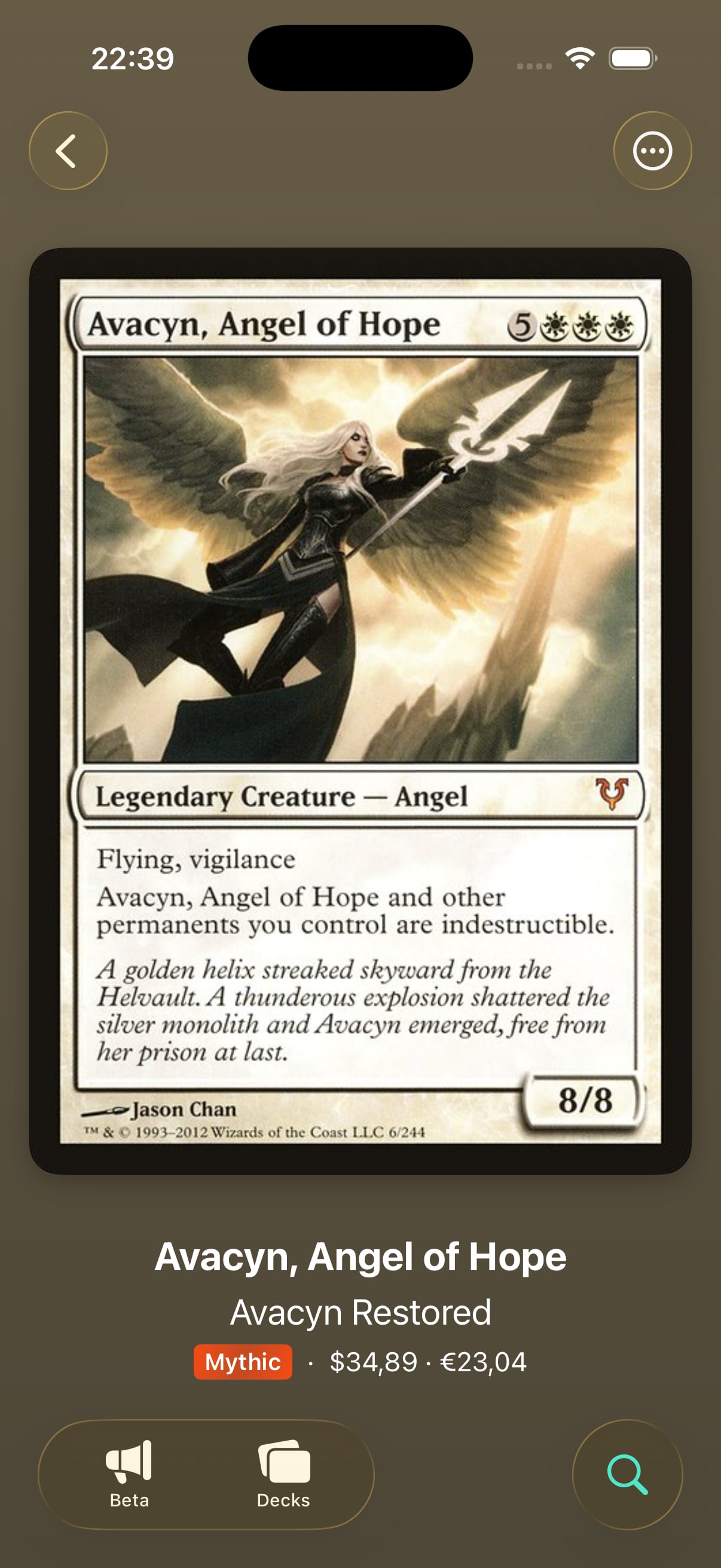 Scrollrack card detail showing Avacyn, Angel of Hope with current market price in USD and EUR